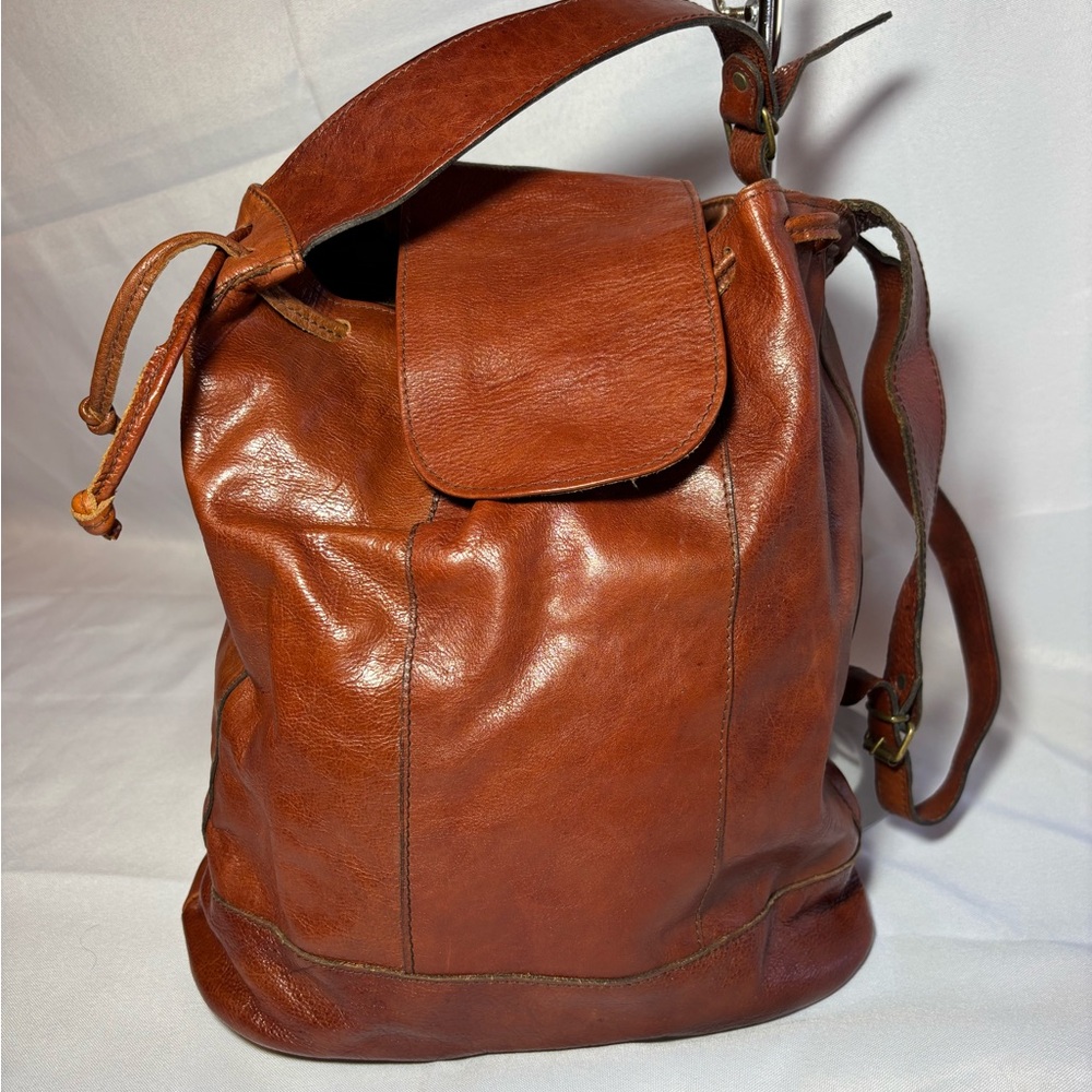 Genuine Leather Brown Drawstring Bucket Bag